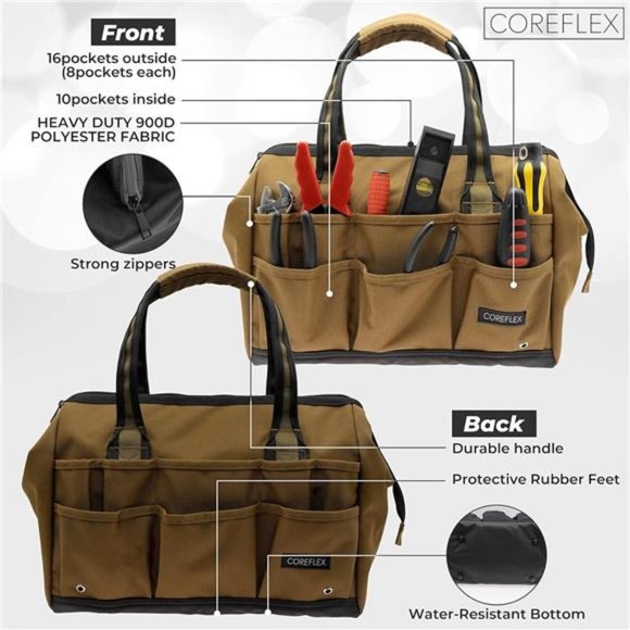 14inch Wide-Mouth Tool Bag, Multiple Purpose -. Heavy Duty 900D Polyester (TAN) - Picture 3 of 7